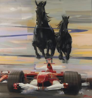 FERRARI: An impressive large Charles Billich original artwork - "Ferra Lina" - depicting a Formula 1 racing car with black running horses. Editioned 1/1