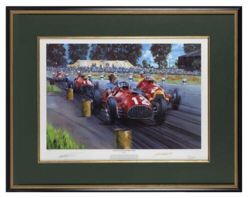 FERRARI: A Limited Edition print by Nicholas Watts titled "FERRARI - THE FIRST GRAND PRIX VICTORY". Features the battle between Jose Froilan Gonzalez and Juan Manuel Fangio, each shown leading the Ferrari of Gigi Villoresi&Acirc;&nbsp;from the 1951 British Grand Pri