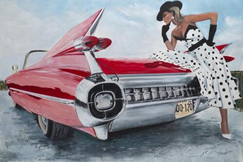 DUTTON: A large oil painting on canvas by Gay Dutton featuring a red Cadillac Eldorado with model. Painting with numerous signatures including Neil Mitchell, Robin Cooper, Chris de Fraga, Glenn Ridge, Norm Beechey
