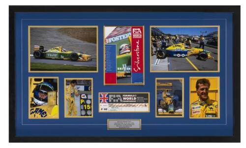 SCHUMACHER: A superlative colour picture&nbsp;collage featuring Michael Schumacher from the 1992 British Grand Prix, Silverstone. Benetton B192 picture & programme page hand signed by Michael Schumacher (UPDATED PHOTOS)