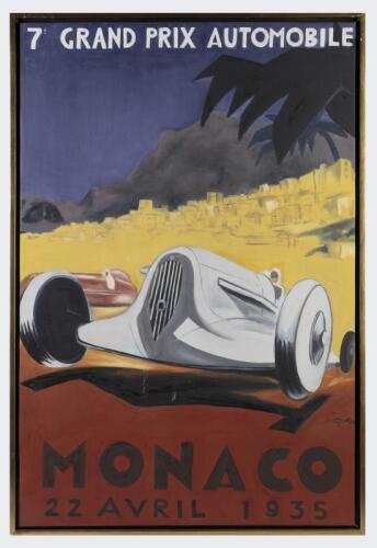 MONACO: A hand painted, oil on canvas&nbsp;special commission reproduction of the advertising poster for the 1935 Monaco Grand Prix - '7th GRAND PRIX AUTOMOBILE, MONACO 22&nbsp;Avril&nbsp;1935' - by Todd Stoner. Canvas&nbsp;measurement of 80cm wide, 120cm high