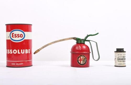 OIL TINS: A collection of three oil related tins including Essolube One Quart, Burrsthreo 2 Fluid Ozs and a Oiler in Alfa Romeo Livery.
