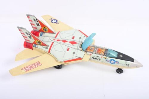 F-14A JET: A battery operated Japanese tin toy of a F-14A Tomcat fighter jet by Nomura toys