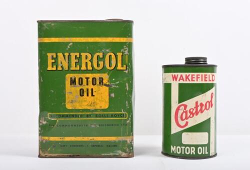 OIL TINS: Two oil tins including a Castrol Wakefield 1 Imperial Quart tin along with a Energol&nbsp;1 Imperial Gallon motor oil tin
