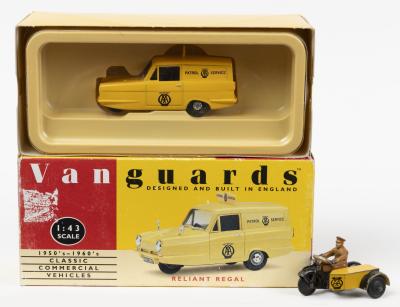 AA: Two models in AA livery. DINKY TOYS 44b Motorcycle Patrol & Lledo Vanguards RELIANT REGAL in yellow (VA22001)