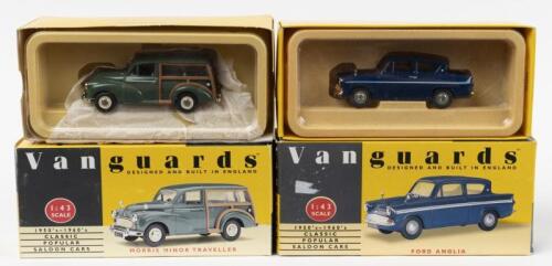 ENGLISH CARS: Two&nbsp;Lledo Vanguards 1:43 scale English model cars. Ford Anglia&nbsp;(VA1000) in Navy Anglia & Morris Minor Traveller (VA10002)&nbsp;in Almond Green