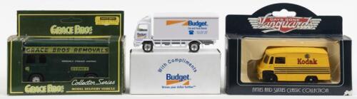 DELIVERY TRUCKS: Three delivery trucks by various model manufacturers. Lledo DAYS GONE Vanguards 1959 Morris LD 150 Van in 'Kodak Films' livery, 'GRACE BROS' green model delivery vehicle & Golden Wheel Diecast white Budget truck