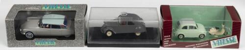 EUROPEAN DIECAST: Three 1:43 scale VITESSE European car models. FIAT 500 with Closed Roof (500) & Lambretta, VITESSE CITROEN DS 19 GINA LOLLOBRIGIDA 1959 (690.3) & VITESSE Citroen 2CV in grey