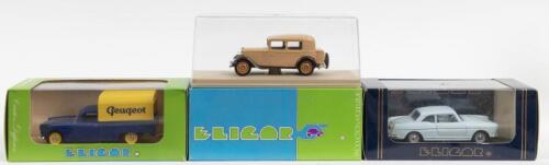 PEUGEOT: Three ELIGOR 1:43 scale Peugeot models. Peugeot 404 CAMIONNETTE 1964 AUTOMOBILES PEUGEOT (1158), PEUGEOT 404 COUPE 1964 (1101) & PEUGEOT 201 BERLINE 1931 (1016)