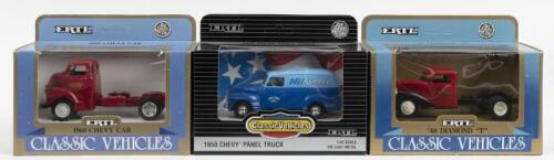 CHEVROLET: Three&nbsp;1:43 scale ERTL&nbsp;Chevrolet and Diamond "T" model trucks. 1950&nbsp;CHEVY PANEL TRUCK (2825), 1960&nbsp;CHEVY CAB&nbsp;(2625) & '48 DIAMOND "T"&nbsp;(2594)