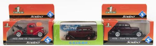 FORD V8: Three 1:43 Ford V8 models by various model manufacturers. ELIGOR&nbsp;FORD V8 1932 LIMOUSINE "FORDOR" (1204), SOLIDO Ford V8 berline&nbsp;(4159) & SOLIDO Ford V8 Depanneuse&nbsp;(4432)
