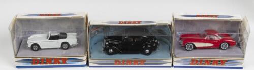 DINKY: Three DINKY (MATCHBOX) 1:43 scale models. DY-5 FORD V8 PILOT, DY-20 1965 TRIUMPH TR4A - IRS & DY-23 1956 CHEVROLET CORVETTE