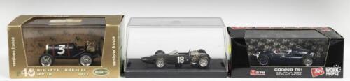 GRAND PRIX: Three BRUMM 1:43 scale Grand Prix racing cars. BUGATTI "BRESCIA" HP40 1921 (r40) & COOPER T51 as raced by Stirling Moss at 1959 G.P. ITALIA (R279)