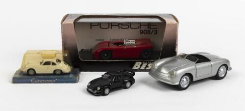 PORSCHE: Four Porsche scale die-cast models. MODEL BEST PORSCHE 908/3 "prova" (9031) & 1:34 scale PORSCHE TYP 356 ROADSTER (1948) by Maisto