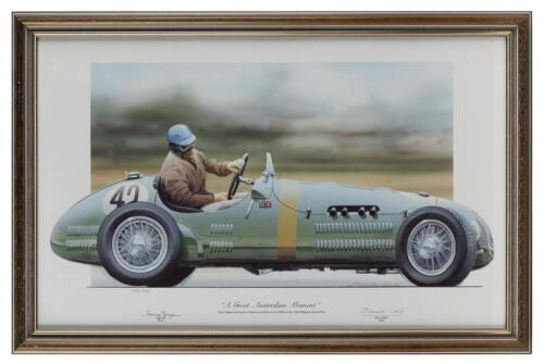 GAZE: A print by Bernie Walsh - "A Great Australian Moment" - depicting Tony Gaze racing a HWM at the 1952 Belgian Grand Prix. Limited Edition of 350. Numbered 159. Tony Gaze signature