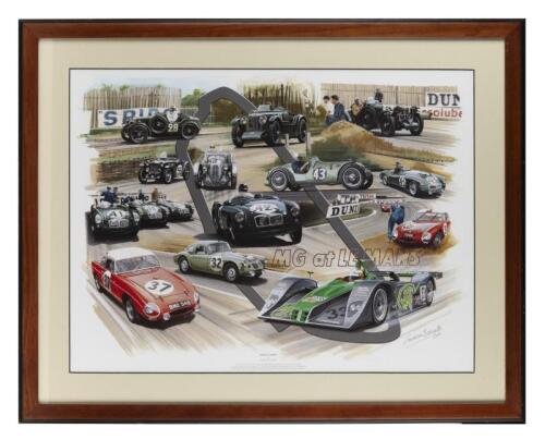M.G AT LE MANS: A print by Graham Bosworth - "MG AT LE MANS" - depicts various MG race cars that have raced at Le Mans since 1930
