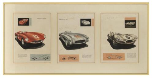 SPORTS CARS: A three picture set of 1950's sports cars. Ferrari 750 MONZA, Mercedes 300 SLR, Jaguar Type D. Mercedes 300 SLR picture signed by Sir Jack Brabham, Alan Jones, Denny Hulme, Stirling Moss, John Surtees