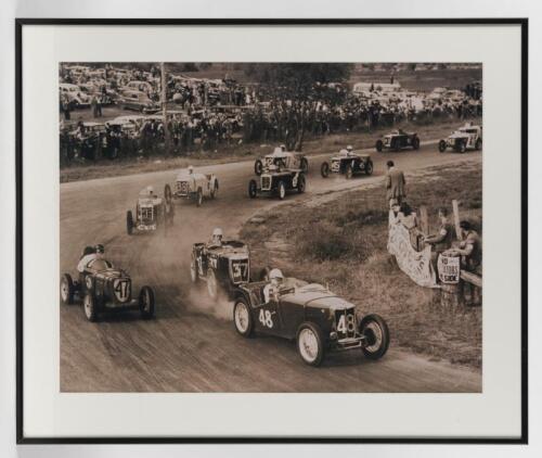 M.G: Two black and white photos featuring M.G racing scenes. Bathurst & Supercharged M.G racing scene