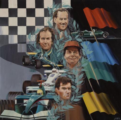 THE POWER AND THE GLORY: An important painting titled 'THE POWER AND THE GLORY' by Charles Billich. Features Australian Formula 1 legends Sir Jack Brabham, Alan Jones, Tim Schenken and Mark Webber. Signed to reverse by all drivers
