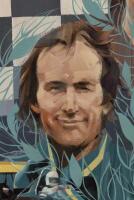 THE POWER AND THE GLORY: An important painting titled 'THE POWER AND THE GLORY' by Charles Billich. Features Australian Formula 1 legends Sir Jack Brabham, Alan Jones, Tim Schenken and Mark Webber. Signed to reverse by all drivers - 2