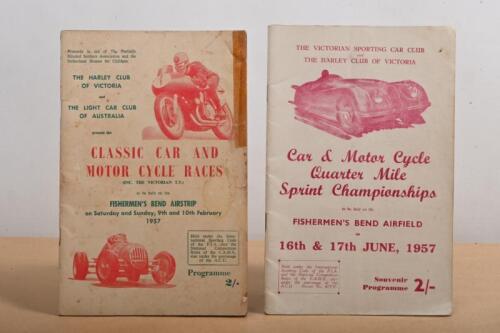 FISHERMEN'S BEND: Two 1957 Programmes from Fishermen's Bend Airstrip/Airfield. 'CLASSIC CARS AND MOTORCYCLES RACES - FISHERMEN'S BEND AIRSTRIP, Saturday and Sunday, 9th and 10th February, 1957' & 'Car & Motor Cycle Quarter Mile Sprint Championships - FIS