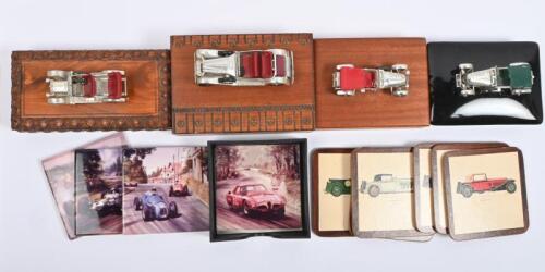 MATCHBOX: A collection of five vintage car items. Two chrome-plated Y5 1929 4.5 litre Bentley's mounted to boxes