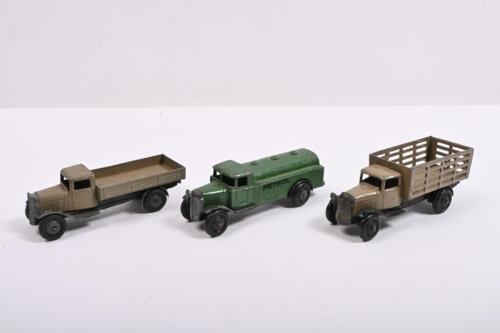 DINKY TOYS: A group of Dinky Toys 25 Series post-war Lorries. Petrol tanker, Market Gardeners Truck & Open Wagon