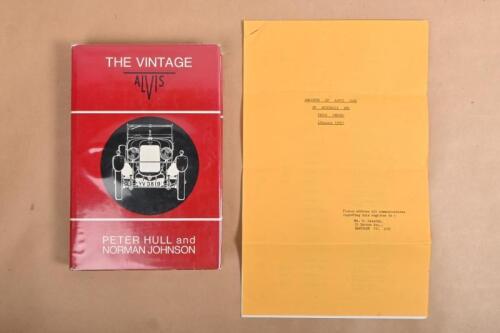 ALVIS: 'THE VINTAGE ALVIS' hardcover book by Peter Hull and Norman Johnson. First Edition. With 'REGISTER OF ALVIS CARS IN AUSTRALIA AND THEIR OWNERS (January 1976)' document