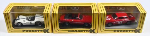 ALFA ROMEO/MASERATI: Three 1:43 scale PROGETTO K Italian car models. Alfa Romeo Giulia GTC Open 1965 (071), Alfa Romeo Giulia GTA J Mugello 1968 (063) & MASERATI BIRDCAGE 1960, 1st Nurburgring 1960 (022)