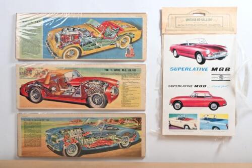 ENGLISH CARS: A collection of EAGLE cutaway diagrams by REDMILL. 'THE 1.5 LITRE M.G. EX.182' (MGA), 'AUSTIN HEALEY 100', 'TRIUMPH T.R.2' pictures