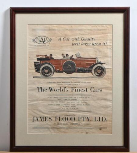 ITALIA: An interesting original 1925 advertising poster for 'ITALIA' cars by JAMES FLOOD PTY.LTD