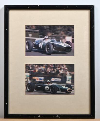 BRABHAM: A colour picture set of Sir Jack Brabham driving Cooper T51 and Cooper T53 race cars. Sir Jack Brabham signatures