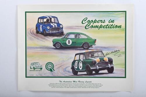 COOPERS: An interesting watercolour print by Marjie Dalton - 'Coopers in Competition' - print signed by Bob Holden, Rauno Aaltonen and artist. Limited Edition 6/250