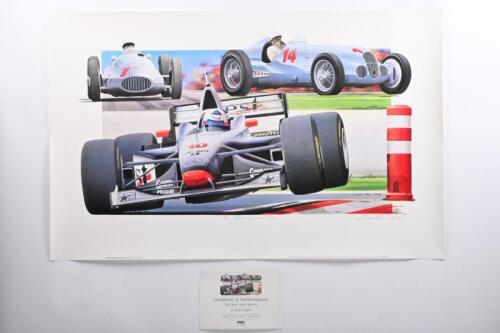 MERCEDES-McLAREN: A Limited Edition print by Bernie Walsh - 'The Silver Legend Returns' - featuring Mercedes-Benz and Mercedes-McLaren racing cars. Limited Edition of 350. Numbered 42. CoA
