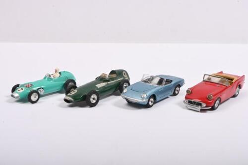 ENGLISH CARS/RACING CARS: A collection of four diecast racing cars and cars. CORGI TOYS Lotus Elan S2 & CORGI TOYS B.R.M FORMULA 1 GRAND PRIX