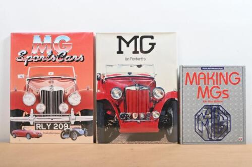 M.G: Three hardcover books detailing the MG marque. MG Sports Cars' by Malcolm Green. Book with colour picture of Paddy Hopkirk 1965 M.G.B and MG F sales brochure