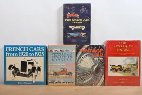 VINTAGE CARS: A group of five hardcover books detailing vintage cars.' FROM VETERAN TO VINTAGE - A HISTORY OF MOTORING AND MOTORCARS FROM 1884 TO 1914' by Kent Karslake and Laurence Pomeroy