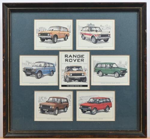 RANGE ROVER: A set of mounted GOLDEN ERA 'RANGE ROVER' Collectors Cards. Range Rover illustrations by Kenneth C. Wisdom