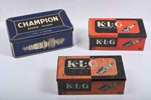 SPARK PLUG: Three circa 1960s/1970s metal spark plug tins