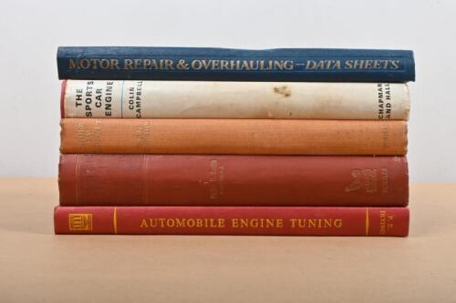 ENGINE TUNING: A collection of hardcover books detailing engines and engine tuning. 'MOTOR REPAIR & OVERHAULING - DATA SHEETS' blue covered pouch