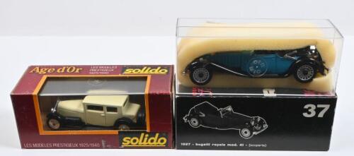 VINTAGE CARS: Two 1:43 scale vintage car models. solido VOISIN 17 CV (144) & rio 1927 bugatti royale (37)