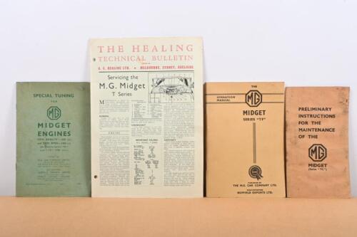 M.G MIDGET: Four publications related to the M.G MIDGET. An original 1954 Issue I of 'SPECIAL TUNING FOR MG MIDGET ENGINES - TYPE XPAG/TF-1250 c.c and TYPE XPEG - 1466 c.c.' as published by the M.G. CAR COMPANY LIMITED