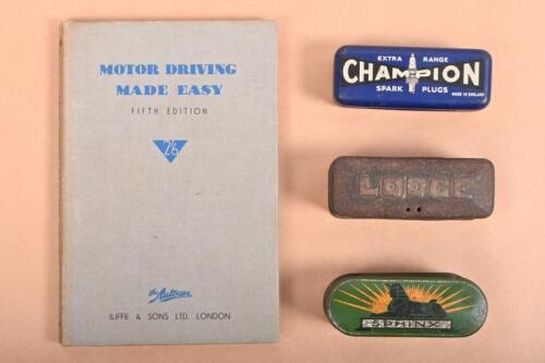 GENERAL MOTORING: Four items related to general motoring and maintenance. Spark plug tins & hardbound fifth edition of 'MOTOR DRIVING MADE EASY' by R. F. BROAD and the staff of The Autocar