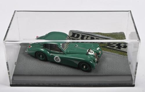 JAGUAR: A 1:43 scale Spark or similar 1955 Jaguar XK140 FHC Le Mans race car. 'DUNLOP' diorama