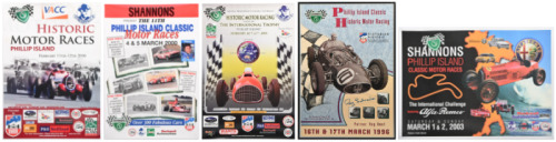 PHILLIP ISLAND: A collection of Phillip Island Historic Motor Racing posters. Framed and glazed 'Phillip Island Classic Historic Motor Racing' poster from March 1996 featuring the Maserati 250F of Roy Salvadori