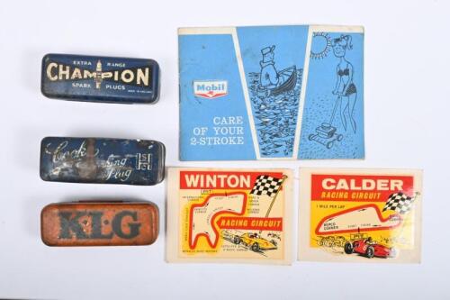 MOTORING/RACING: A collection of motoring and motor racing items. WINTON/CALDER circuit transfer & Champion Spark Plug tin with spark plug