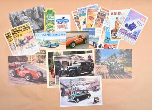 MOTORING/MOTOR RACING: A collection of postcards, cards and stickers depicting various motor racing scenes and motor cars. Colour James Flood cards