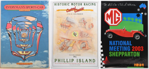 MG: Three posters relating to the MG marque. 'The MG Car Club of Victoria - NATIONAL MEETING 2003 SHEPPARTON' promotional poster