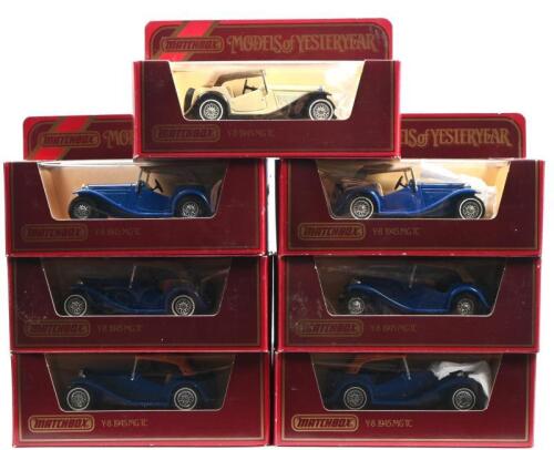 MATCHBOX: A collection of Matchbox Model of Yesteryear Y-8 1945 MG-TC models in various variations. Blue bodied models with interior variations