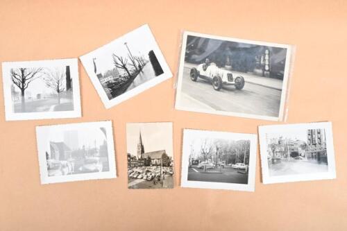 MELBOURNE/MASERATI: An interesting set of black and white pictures. 1961 small photographic images of Melbourne by Peter Fox & TORNOW STUDIOS postcard of a Maserati 8CM
